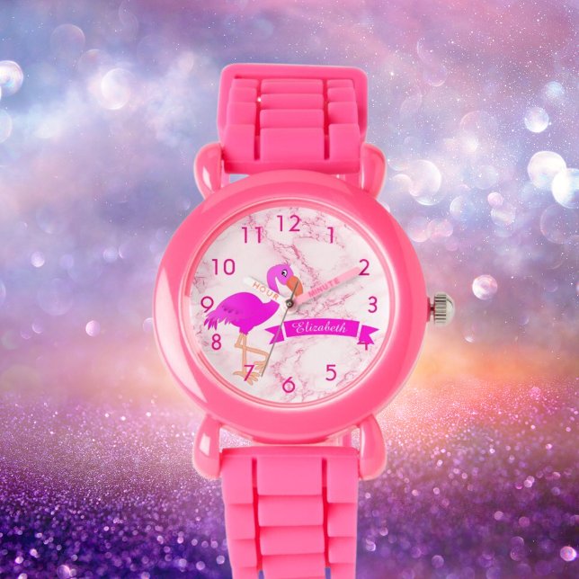 Reloj De Pulsera Nombre de monograma de mármol flamingo rosa tropic (Subido por el creador)