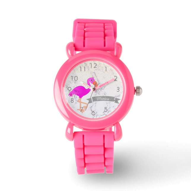 Reloj De Pulsera Nombre de monograma de mármol rosa de flamingo (Anverso)