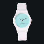 Reloj De Pulsera Nombre de Monograma del Guión Azul Verde azulado M<br><div class="desc">Reloj de nombres de monograma de escritura simple azul Verde azulada y blanca de Aqua. Esto hace que la graduación perfecta, el cumpleaños, el boda, la ducha de novia, el aniversario, la ducha de bebé o la fiesta de soltera sea un regalo para alguien que ama el lujo glam y...</div>