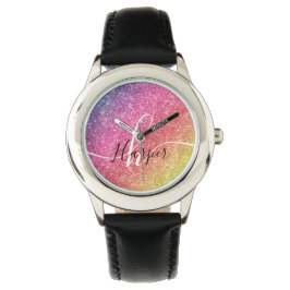 Reloj De Pulsera Nombre de monograma del Purpurina arcoiris