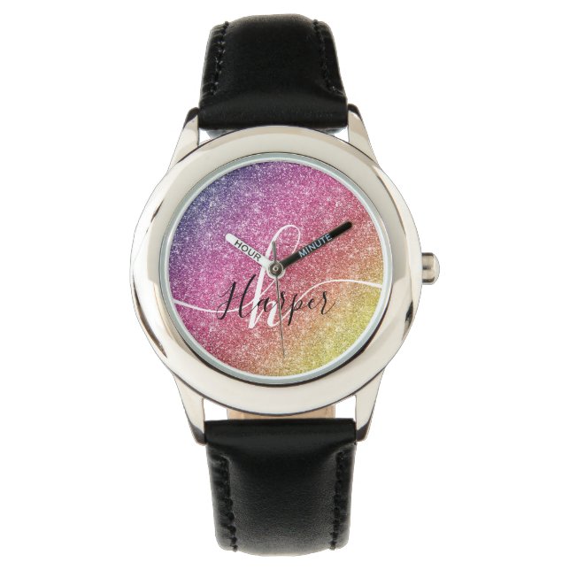 Reloj De Pulsera Nombre de monograma del Purpurina arcoiris (Anverso)