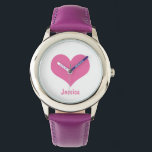 Reloj De Pulsera Nombre de niño con personalidad del corazón rosado<br><div class="desc">Diseño gráfico de un corazón rosado sobre un fondo blanco. Puede personalizar el reloj con su propio nombre o puede borrar el nombre si lo desea.</div>