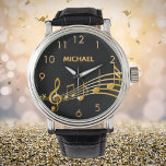 Reloj De Pulsera Nombre de notas de la música oro negra<br><div class="desc">Sencillo y elegante para un amante de la música o un músico! Fondo negro con notas de música de oro falsas. Plantilla para su nombre,  letras de oro. Números de reloj dorados.</div>