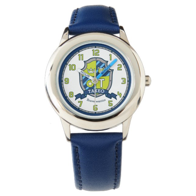 Reloj De Pulsera Nombre de Takeo que significa letra T escudo azul (Anverso)