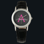 Reloj De Pulsera Nombre del Monograma de Giro del Guión Negro Calie<br><div class="desc">Reloj de nombres de monograma de escritura simple negro y rosa caliente. Esto hace que la graduación perfecta, el cumpleaños, el boda, la ducha de novia, el aniversario, la ducha de bebé o la fiesta de soltera sea un regalo para alguien que ama el lujo glam y los estilos de...</div>