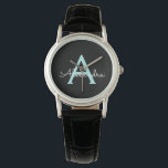 Reloj De Pulsera Nombre del Monograma de la Girona del Guión Azul V<br><div class="desc">Reloj de nombres de monograma de escritura azul Verde azulado negro y Aqua azul. Esto hace que la graduación perfecta, el cumpleaños, el boda, la ducha de novia, el aniversario, la ducha de bebé o la fiesta de soltera sea un regalo para alguien que ama el lujo glam y los...</div>
