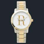 Reloj De Pulsera Nombre del Monograma de Oro Personalizado Inicial<br><div class="desc">Reloj personalizado personalizado con su nombre y monograma único. Haga clic en Personalizar para editar fuentes y colores o agregue su propio texto e imágenes para crear uno único de un tipo de regalo. Fácil de personalizar. Golf de estilo. ¡Descúbrelos!</div>