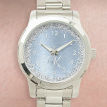 Reloj De Pulsera Nombre del monograma del Purpurina plateado Metali<br><div class="desc">Personaliza fácilmente este diseño de relojes de moda de moda con un purpurina brillante de bonito plateado sobre un fondo metálico de cepillado azul.</div>