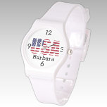 Reloj De Pulsera Nombre, Estados Unidos Estrellas y franjas de sili<br><div class="desc">¡El mejor precio! Diseño esténcil de la bandera de EE.UU. en este reloj de moda con una correa de la hebilla de silicio blanca y un nombre personalizado. Cambie fácilmente el nombre, reemplace con las iniciales o quite el nombre mediante la plantilla proporcionada. También hay un reloj de correa clara...</div>