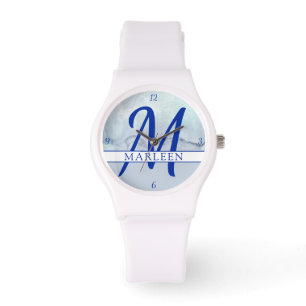 Reloj De Pulsera Nombre   Monograma azul acuarela