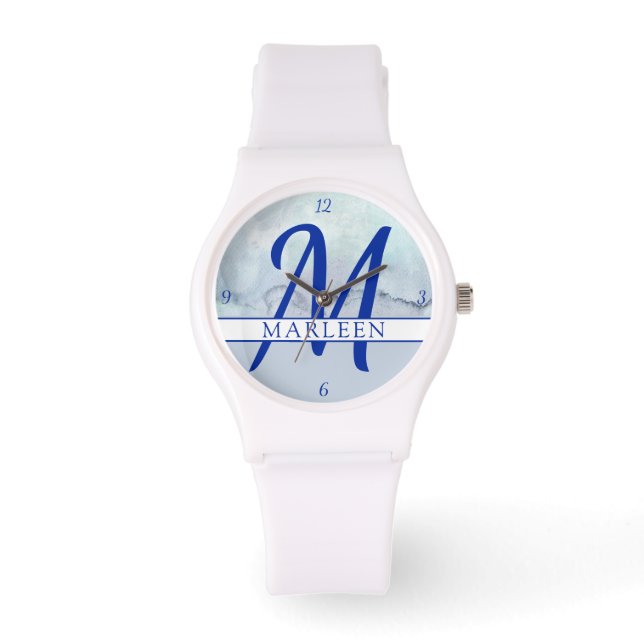Reloj De Pulsera Nombre | Monograma azul acuarela (Anverso)