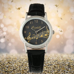 Reloj De Pulsera Nombre negro para notas de música doradas<br><div class="desc">Sencillo y elegante para un amante de la música o un músico! Fondo negro con notas de música de oro falsas. Plantilla para su nombre,  letras de oro. Números de reloj dorados.</div>