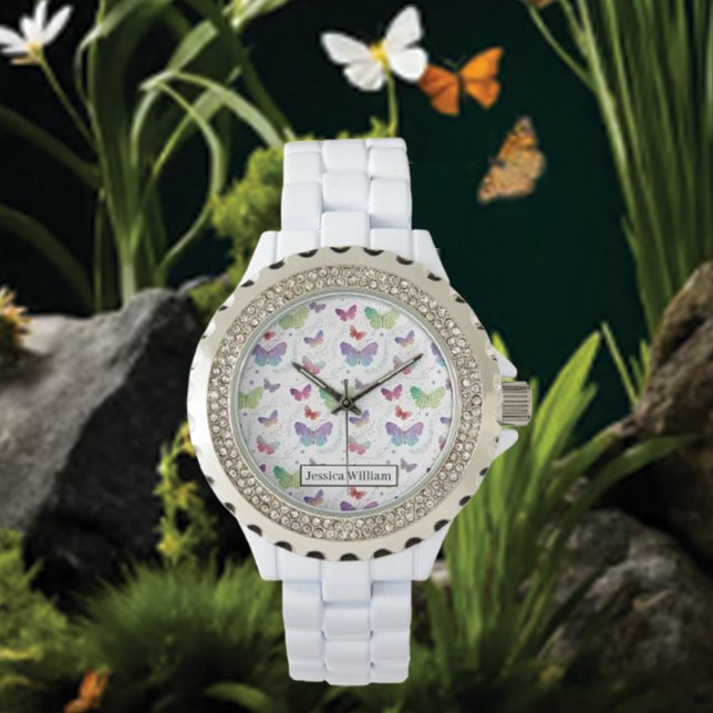 Reloj De Pulsera Nombre personal Elegante Morado Brillante Mariposa (Subido por el creador)