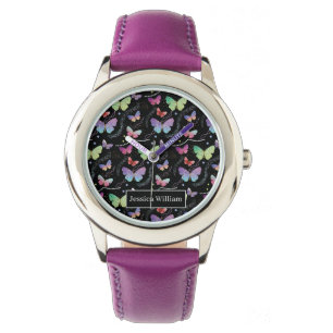 Reloj De Pulsera Nombre personal Elegante Morado Brillante Mariposa
