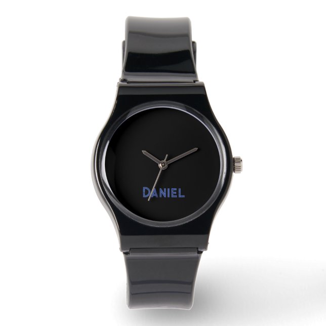 Reloj De Pulsera Nombre personalizado azul en negro (Anverso)