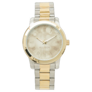 Reloj De Pulsera Nombre personalizado Beige Luces de Oro Elegante