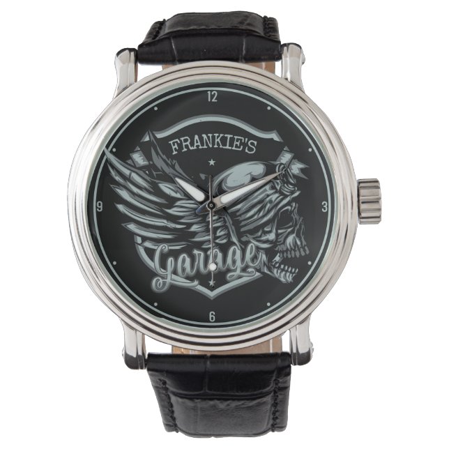 Reloj De Pulsera NOMBRE Personalizado Biker Skull Wings Motorcycle  (Anverso)