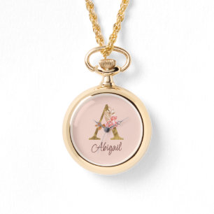 Reloj De Pulsera Nombre personalizado Blush rosas rosadas hoja dora