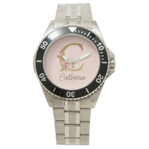 Reloj De Pulsera Nombre personalizado Blush rosas rosadas letra C c