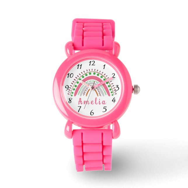 Reloj De Pulsera Nombre personalizado con arcoiris de Boho capricho (Anverso)