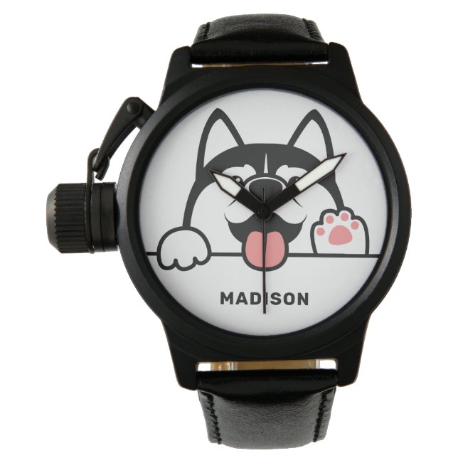 Reloj De Pulsera Nombre personalizado Cute Siberian Husky (Anverso)
