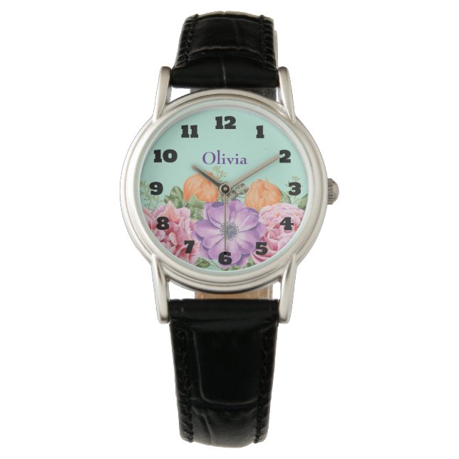 Reloj De Pulsera Nombre personalizado de Bouquet de acuarela (Anverso)