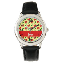 Reloj De Pulsera Nombre personalizado de cerezas rojas en amarillo