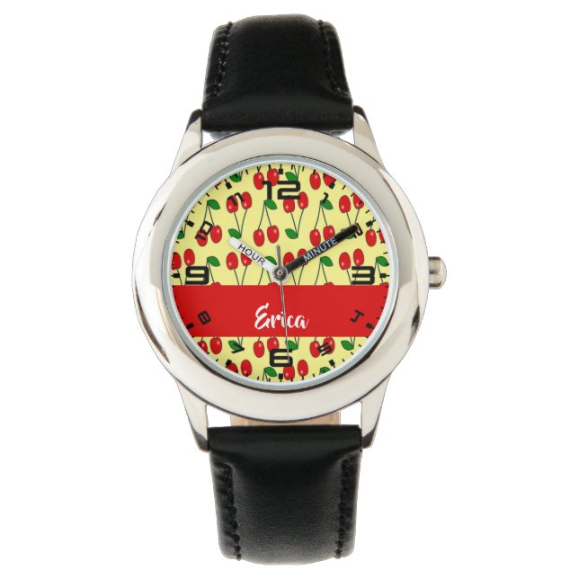 Reloj De Pulsera Nombre personalizado de cerezas rojas en amarillo (Anverso)