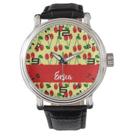 Reloj De Pulsera Nombre personalizado de cerezas rojas en amarillo