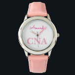 Reloj De Pulsera Nombre personalizado de CNA rosado<br><div class="desc">Perfecto regalo único para enfermeras y asistentes con un diseño rosa único.</div>