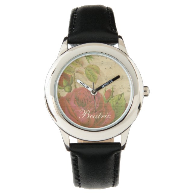 Reloj De Pulsera Nombre personalizado de hoja de música floral de r (Anverso)