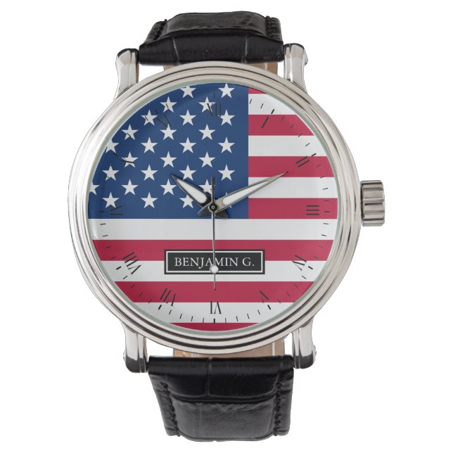 Reloj De Pulsera Nombre personalizado de la bandera estadounidense  (Anverso)