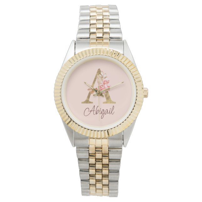 Reloj De Pulsera Nombre personalizado de lámina de oro Rosas rosada (Anverso)