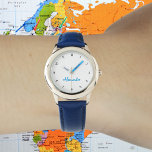 Reloj De Pulsera Nombre personalizado de los niños Guay Blue Stylis<br><div class="desc">Personalizado, personalizado, los niños se divierten lindo trendy moda elegante correa de cuero azul, funda de acero inoxidable, reloj de pulsera. Simplemente escriba el nombre, al personalizar. Adelante, crea un maravilloso reloj personalizado para el niño pequeño en tu vida - hijo, hermano, sobrino, nieto, ahijado, hijastro. Hace un gran regalo...</div>