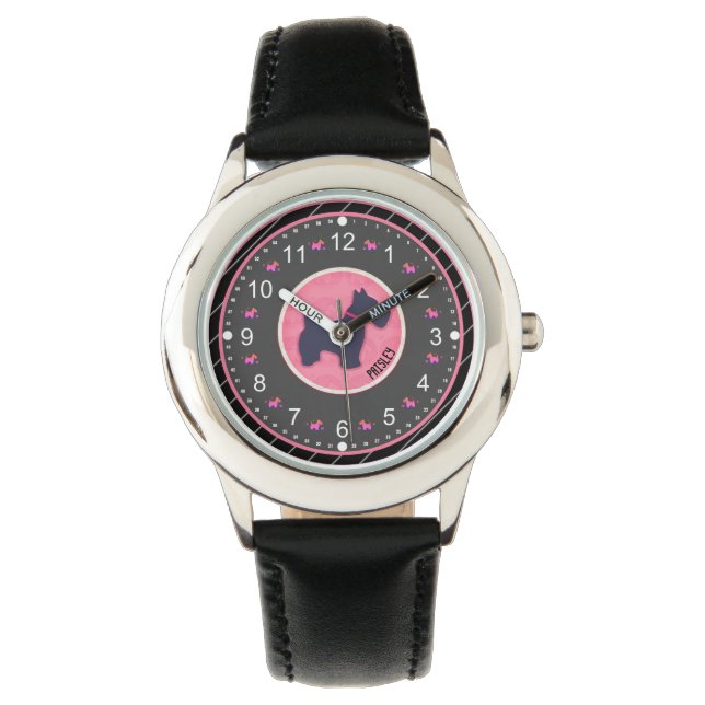 Reloj De Pulsera Nombre personalizado de perro blanco rosado negro (Anverso)