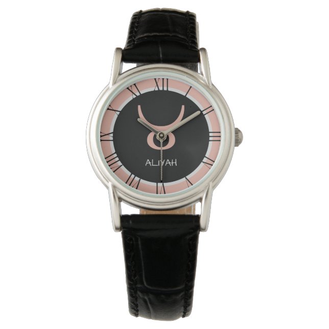 Reloj De Pulsera Nombre personalizado de Taurus Zodiac Rótulo Rosa  (Anverso)