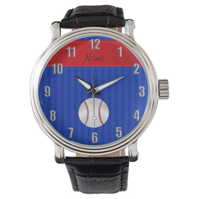 Reloj De Pulsera Nombre personalizado del béisbol de franjas azules (Anverso)