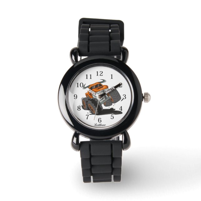 Reloj De Pulsera Nombre personalizado del camión de los niños negro (Anverso)