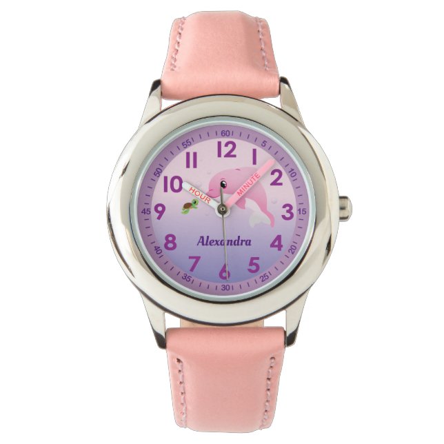 Reloj De Pulsera Nombre personalizado del Personalizado delfín rosa (Anverso)