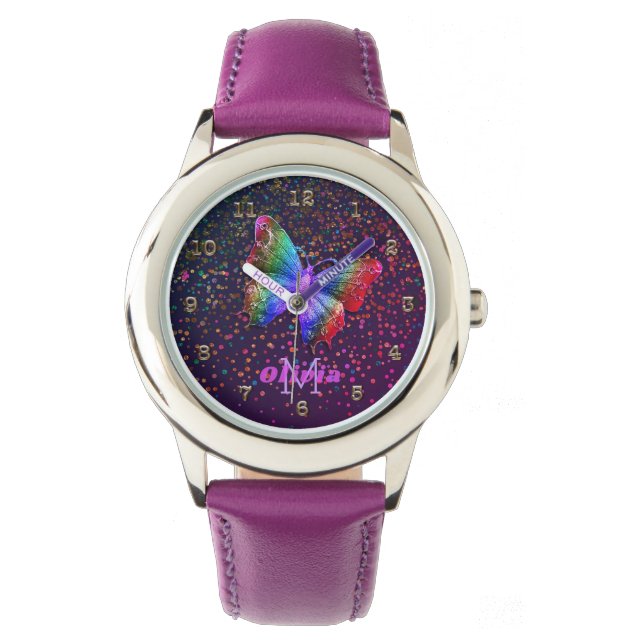 Reloj De Pulsera Nombre personalizado del Purpurina de mariposa púr (Anverso)