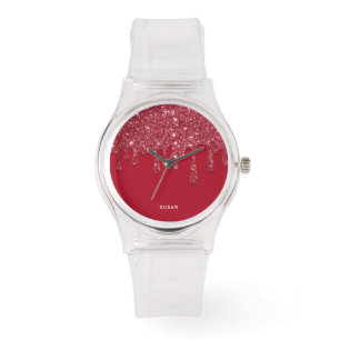 Reloj De Pulsera Nombre personalizado del Purpurina rojo Drip