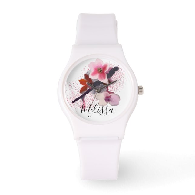 Reloj De Pulsera Nombre personalizado | Elegante Moda con flores de (Anverso)