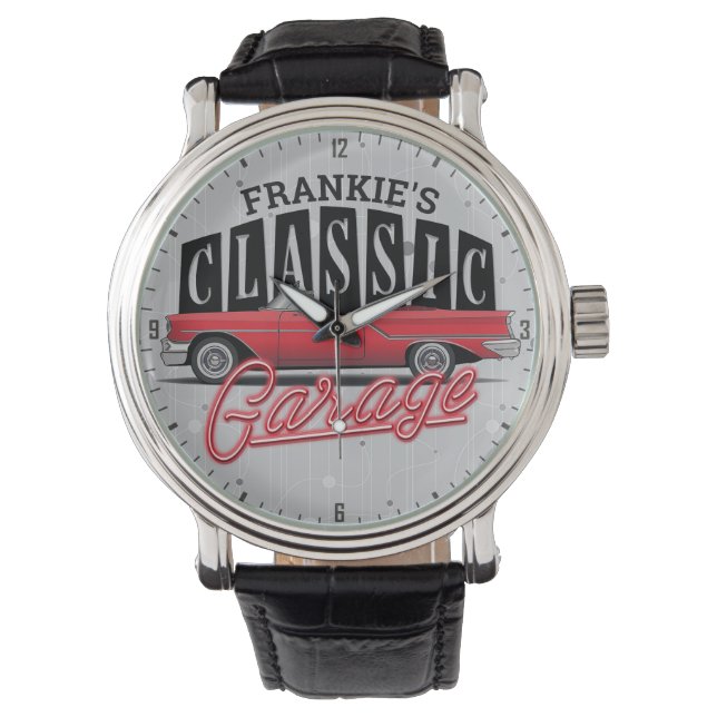 Reloj De Pulsera NOMBRE personalizado Faux Neon Classic Car Dad Gar (Anverso)