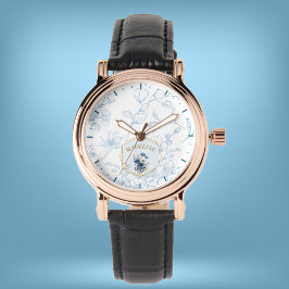 Reloj De Pulsera Nombre personalizado floral blanco azul moderno