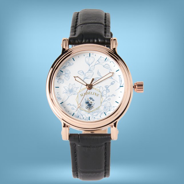 Reloj De Pulsera Nombre personalizado floral blanco azul moderno (Subido por el creador)