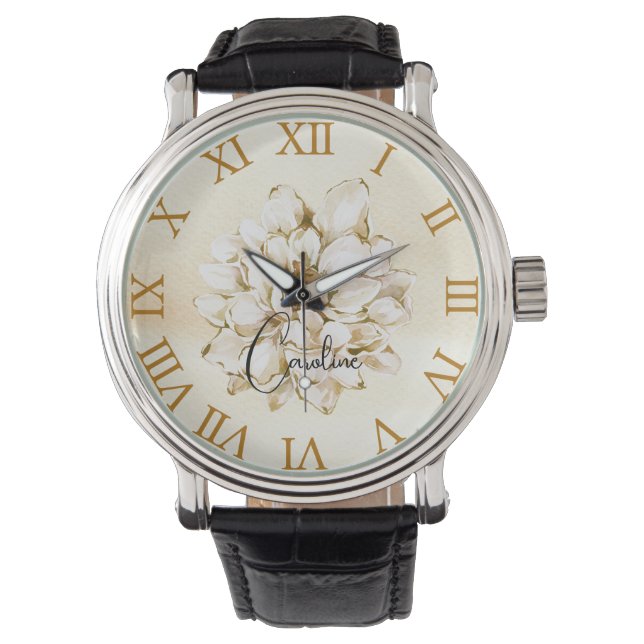 Reloj De Pulsera Nombre personalizado Fondo marrón dorado Floral (Anverso)