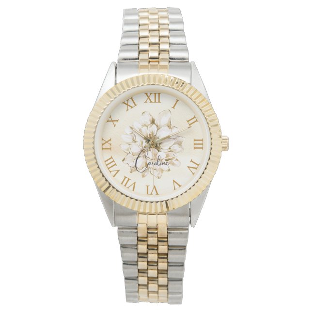 Reloj De Pulsera Nombre personalizado Fondo marrón dorado Floral de (Anverso)