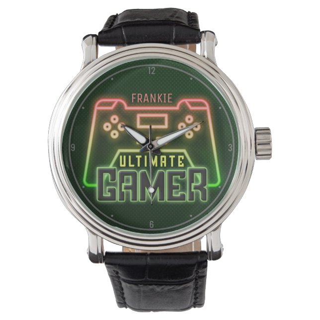 Reloj De Pulsera NOMBRE Personalizado Gamer Faux Neon Retro Videoju (Anverso)