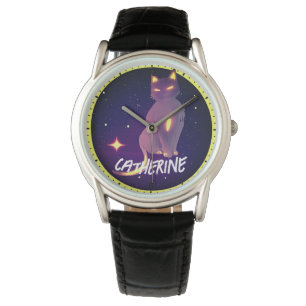 Reloj De Pulsera Nombre personalizado gato artístico y noche lunar