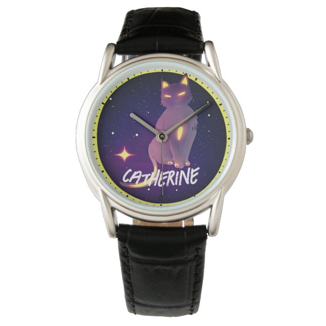 Reloj De Pulsera Nombre personalizado gato artístico y noche lunar (Anverso)